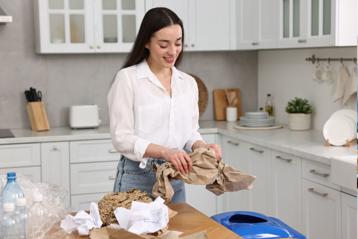 A woman carefully practicing trash sorting in a Tokyo apartment kitchen, separating bottles and paper into labeled bins