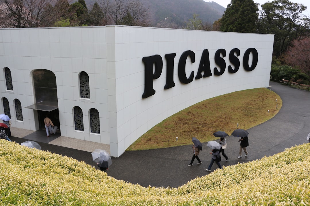 A visitor studying bold color-filled walls at the Picasso exhibition in Tokyo's National Art Center